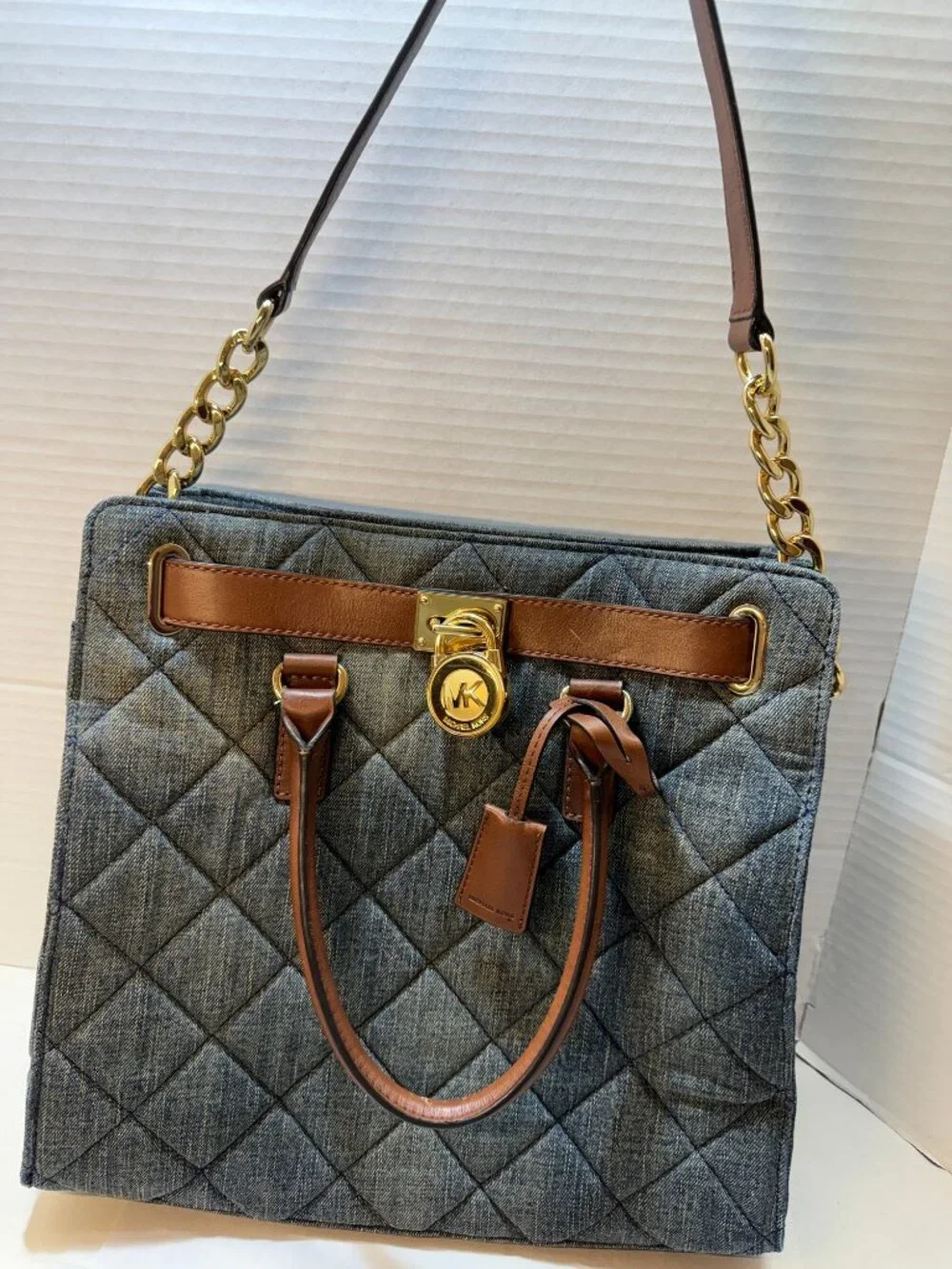 Michael Kors Quilted Denim Tote Bag with Leather Trim